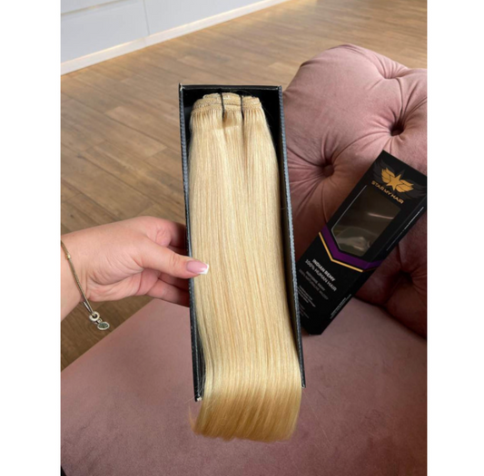 Natūralūs prisegami plaukų tresai auksinio blondiniško atspalvio, 24 nr.