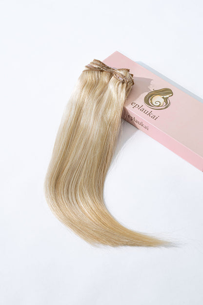 Prisegami natūralių plaukų tresai – auksinė blondinė su šviesiomis balayage sruogelėmis (B 18/613)