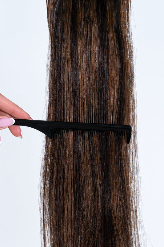 Prisegami natūralių plaukų tresai – tamsiai ruda su balayage į šviesesnę rudą (B IC/6)