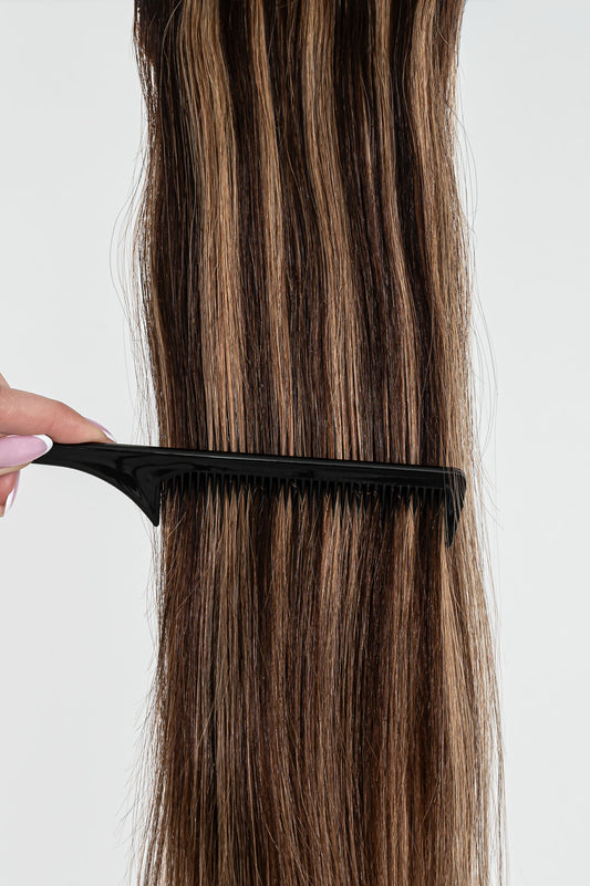 Prisegami natūralių plaukų tresai – tamsiai ruda su balayage į auksinę blondinę (B 2/12)