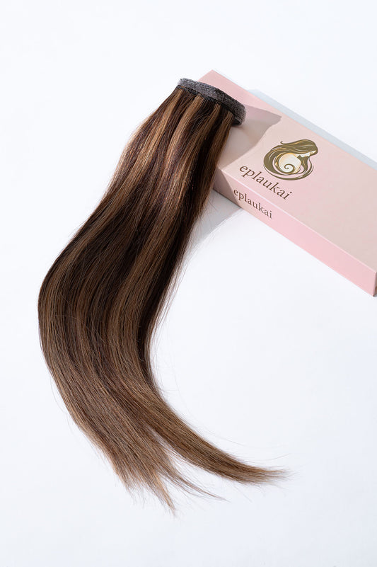 Prisegami natūralių plaukų tresai – tamsiai ruda su balayage į auksinę blondinę (B 2/12)