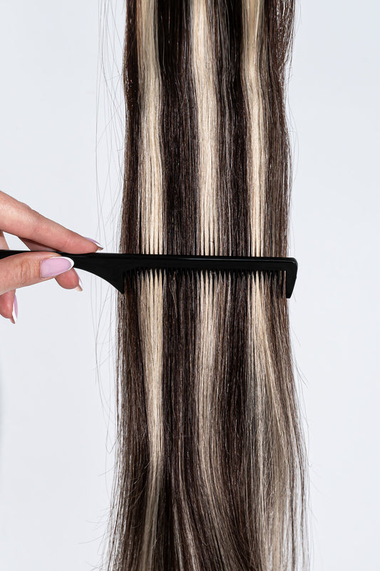 Prisegami natūralių plaukų tresai – tamsiai ruda su balayage į labai šviesią blondinę (B 2/613)