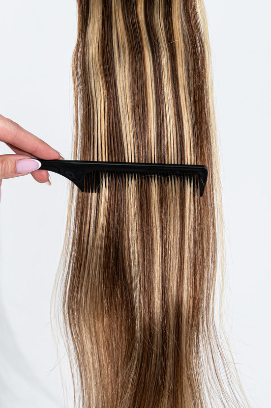 Prisegami natūralių plaukų tresai – vidutinė ruda su balayage į šviesią auksinę blondinę (B 6/18)