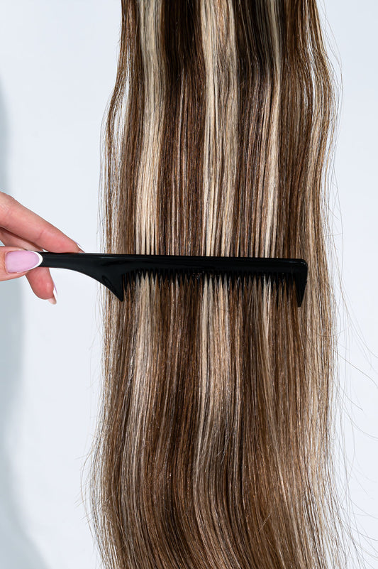 Prisegami natūralių plaukų tresai – vidutinė ruda su balayage į labai šviesią blondinę (B 6/613)