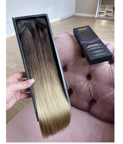 Prisegami natūralių plaukų tresai – tamsiai ruda su ombre į šviesią rudą (O 2–20)