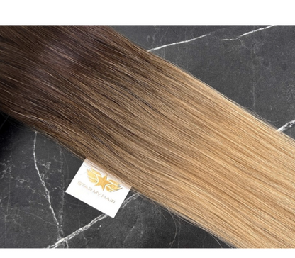 Prisegami natūralių plaukų tresai – tamsiai ruda su ombre į šviesią rudą (O 2–20)